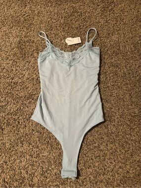 refuge Light Blue Lace-Trim Bodysuit